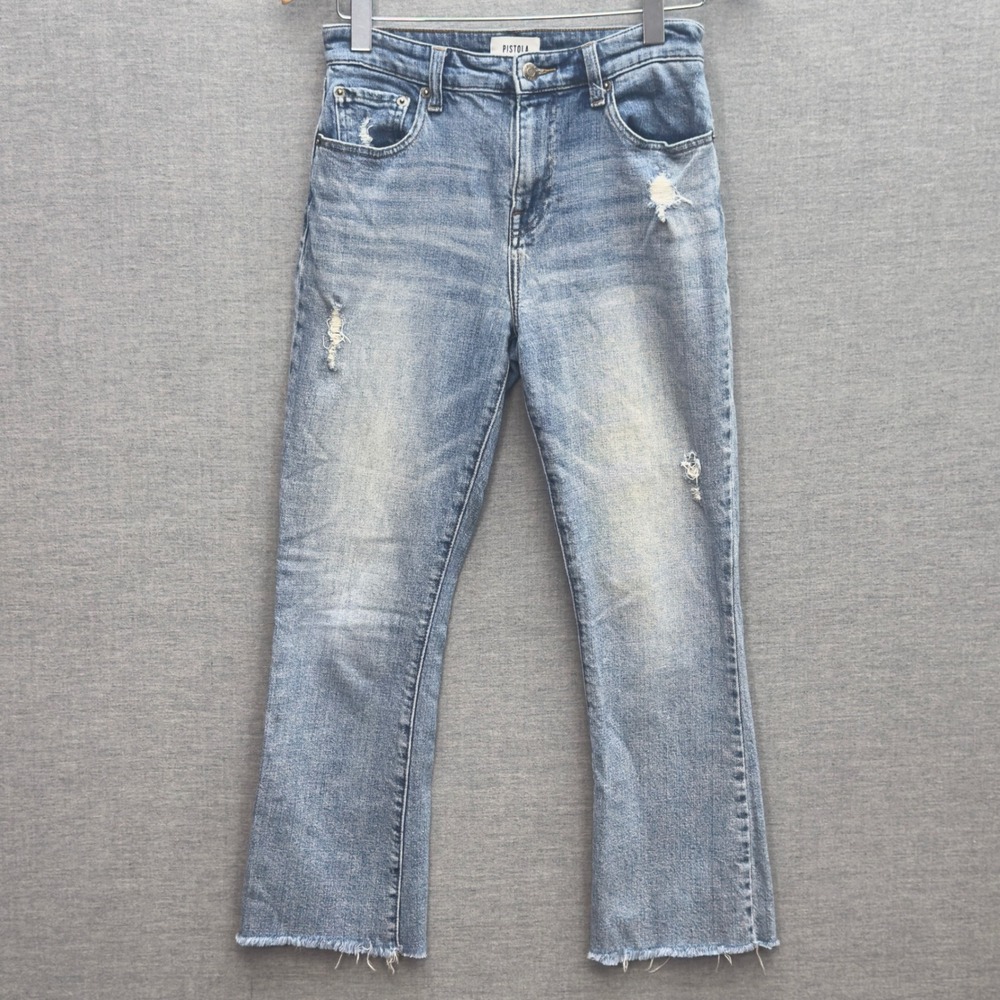 Pistola High Rise Crop Flare Distressed Jeans Light Wash Blue Size 27